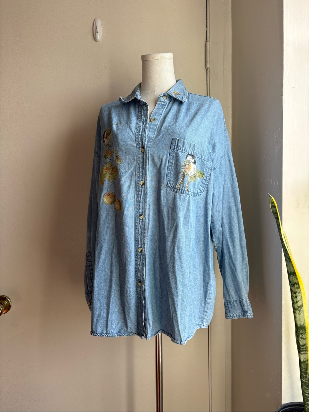 faded gear bird print denim button front long sleeve